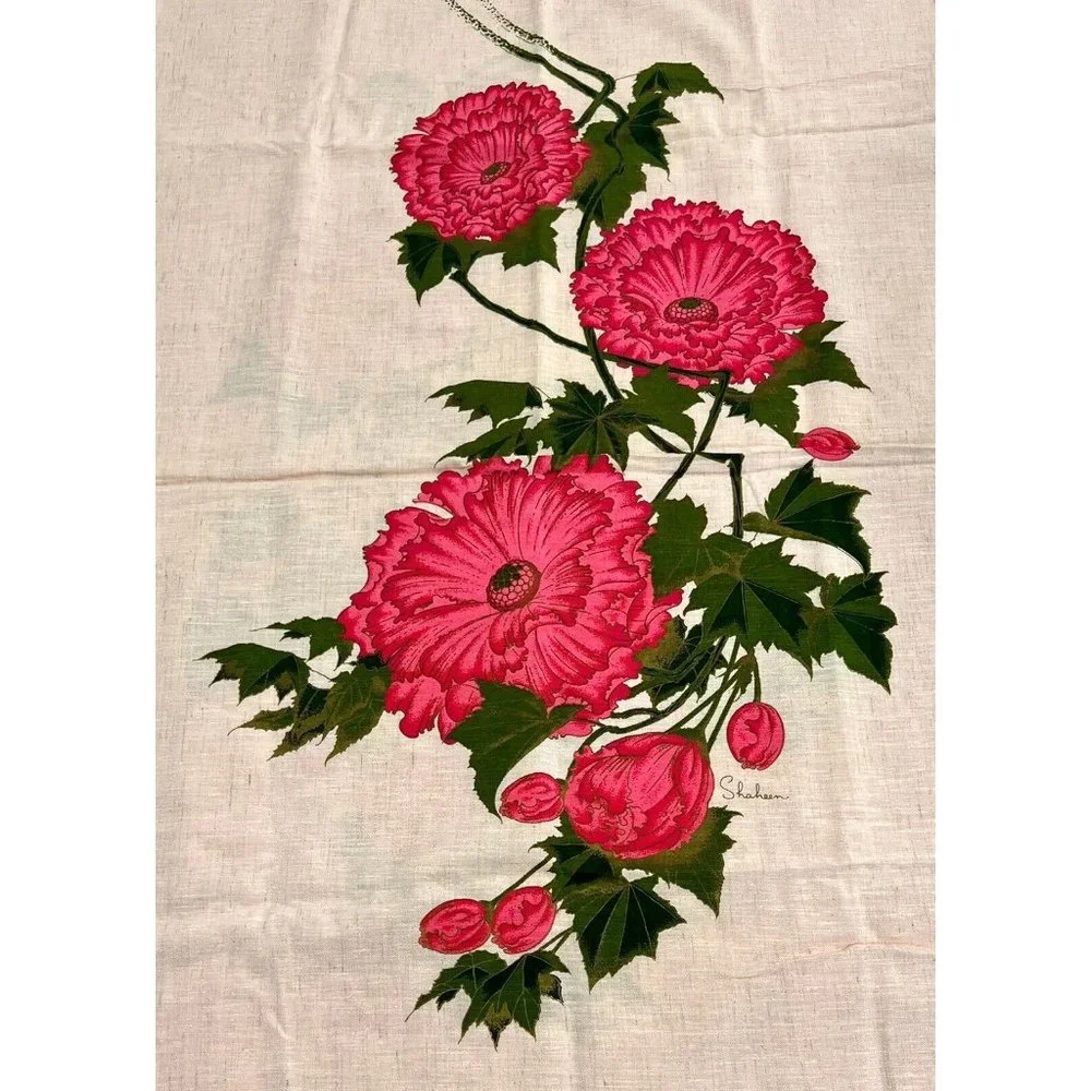 Vintage Alfred Shaheen 2 Panels Linen Fabric Pink Floral Hand Printed 52" x 44" - Picture 2 of 4